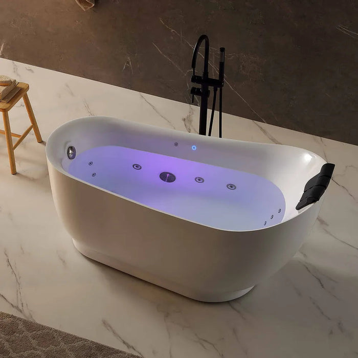 Empava 59 Inch White Acrylic Oval Freestanding Whirlpool Tub with Right Drain