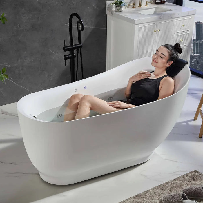 Empava 59 Inch White Acrylic Oval Freestanding Whirlpool Tub with Right Drain