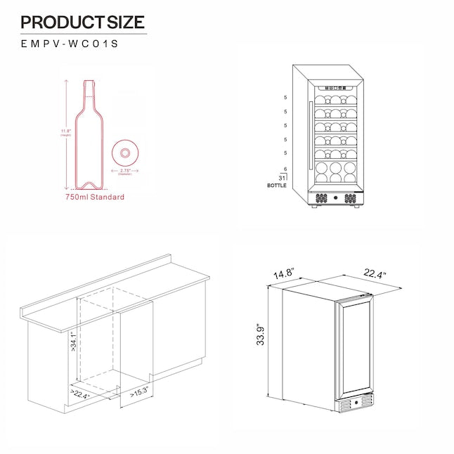 Empava 15 Inch Single Zone 31 Bottles Wine Cooler