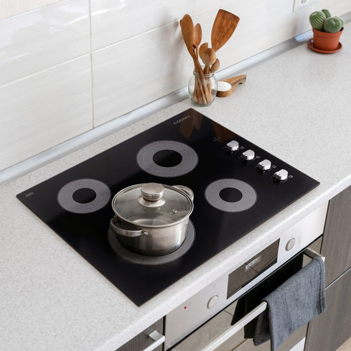Cosmo 24 Inch Electric Ceramic Glass Cooktop with 4 Elements, Dual Zone Element, Hot Surface Indicator Light and Control Knobs - COS-244ECC atatched