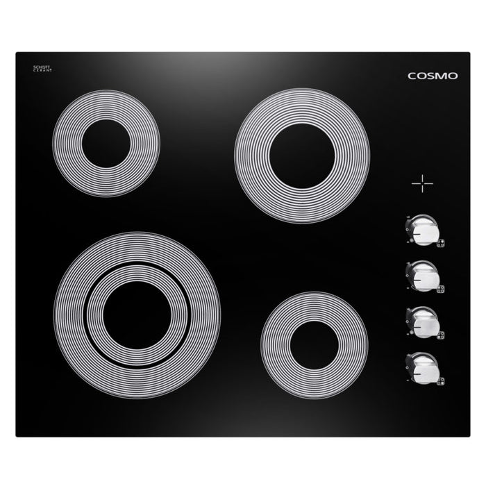 Cosmo 24 Inch Electric Ceramic Glass Cooktop with 4 Elements, Dual Zone Element, Hot Surface Indicator Light and Control Knobs - COS-244ECC Front