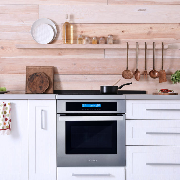 Cosmo 24 Inch Stainless Steel Single Electric Wall Oven 2.5 Cu. Ft. with 8 Functions and True European Convection Attached