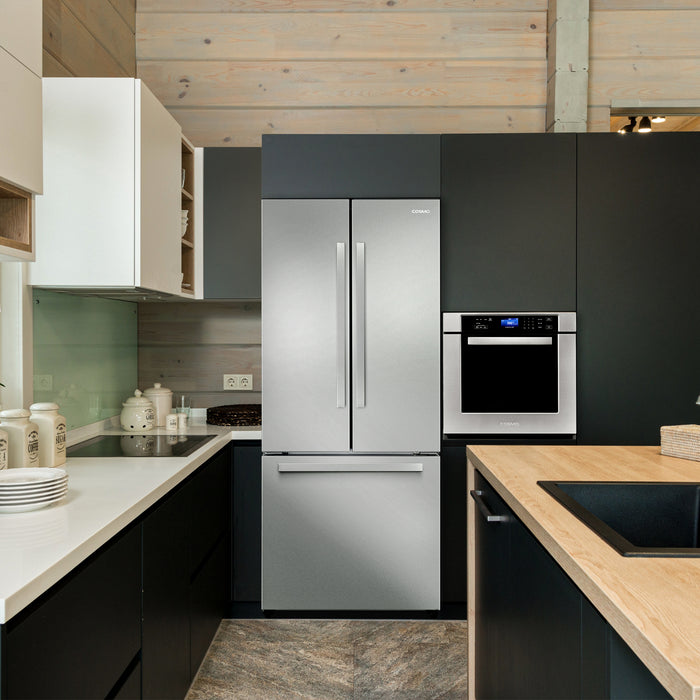 Cosmo 30 Inch Counter Depth 3-Door French Door Stainless Steel Refrigerator with Freezer Drawer in Fingerprint Resistant and 17.5 Cu. Ft Capacity - COS-RFFV183GHS Attached