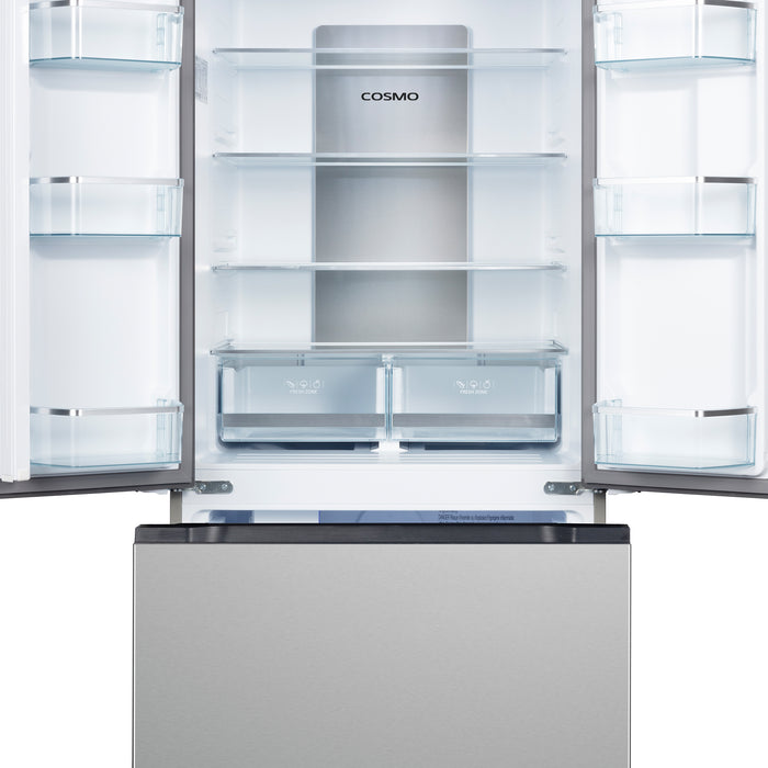 Cosmo 30 Inch Counter Depth 3-Door French Door Stainless Steel Refrigerator with Freezer Drawer in Fingerprint Resistant and 17.5 Cu. Ft Capacity - COS-RFFV183GHS Open