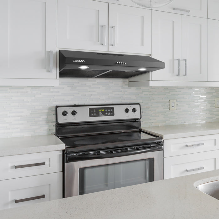 Cosmo 30 Inch Delta Collection Ducted Under Cabinet Matte Black Range Hood with Button Controls, Reusable Filters and LED Lights - COS-5U30-BK Attached