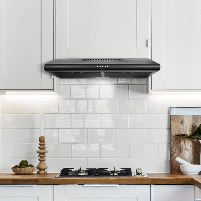 Cosmo 30 Inch Delta Collection Ducted Under Cabinet Matte Black Range Hood with Button Controls, Reusable Filters and LED Lights - COS-5MU30-BK Attached