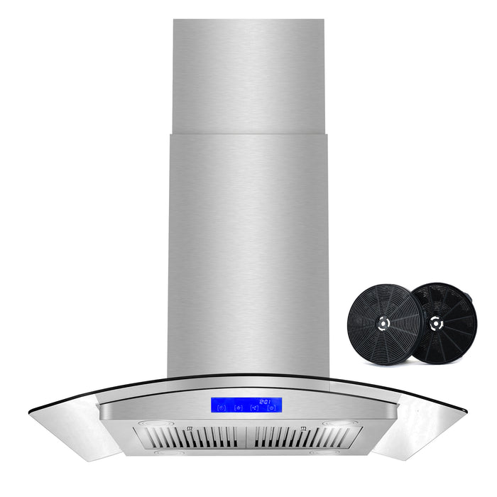 Cosmo 30 Inch Ductless Island Stainless Steel Range Hood with LED Lighting and Carbon Filter Kit for Recirculating - COS-668ICS750-DL Front