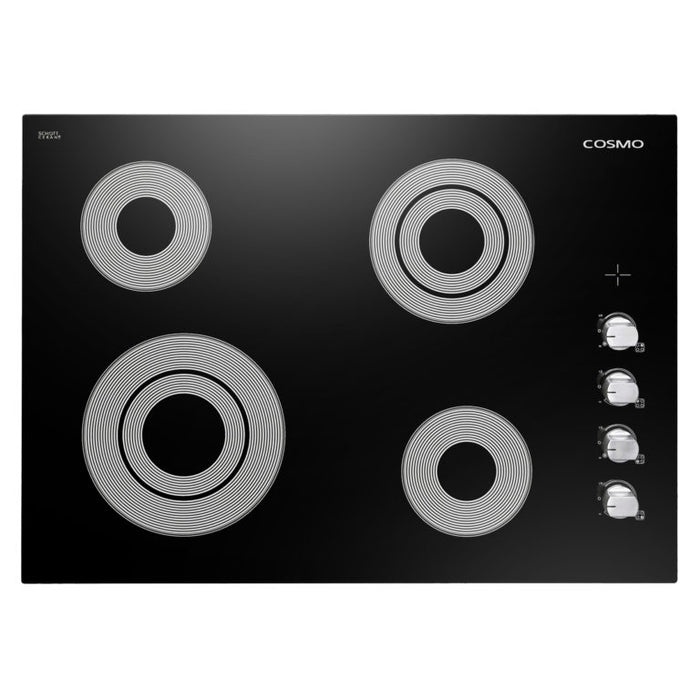 Cosmo 30 Inch Electric Ceramic Glass Cooktop with 4 Burners, Dual Zone Elements, Hot Surface Indicator Light and Control Knobs - COS-304ECC Front