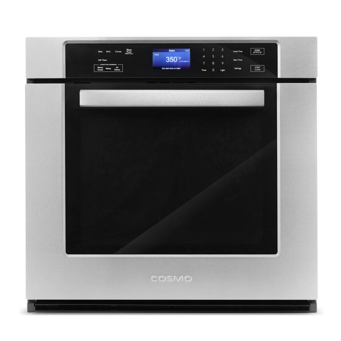 Cosmo 30 Inch Electric Stainless Steel Single Wall Oven with 5 Cu. Ft. Capacity, True European Convection and Self Cleaning Front