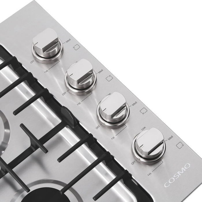 Cosmo 30 Inch Gas Stainless Steel Cooktop with 4 Italian Made Burners - COS-DIC304 Knobs