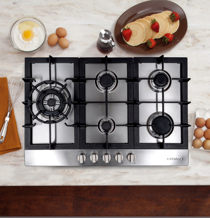 Cosmo 30 Inch Gas Stainless Steel Cooktop with 5 Sealed Brass Burners - 850SLTX-E Attached