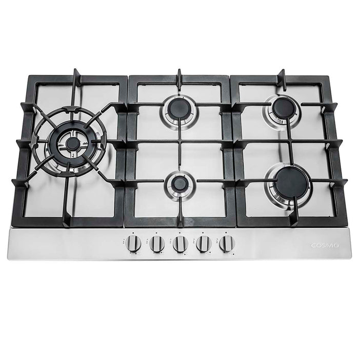 Cosmo 30 Inch Gas Stainless Steel Cooktop with 5 Sealed Brass Burners - 850SLTX-E Front