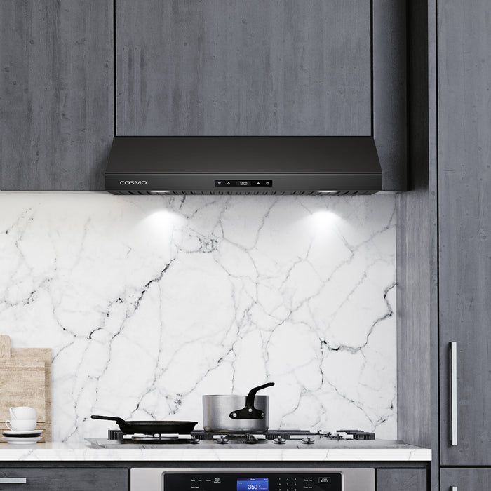 Cosmo 30 Inch Haven Collection 500 CFM Ducted Under Cabinet Matte Black Range Hood with Touch Controls and LED Lights - COS-KS6U30-BK Attached
