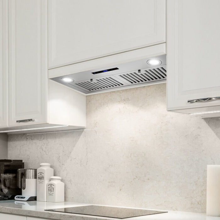 Cosmo 30 Inch Lumin Collection 380 CFM Ducted Insert Stainless Steel Range Hood with Touch Controls and LED Lights - COS-30IRHS Attached