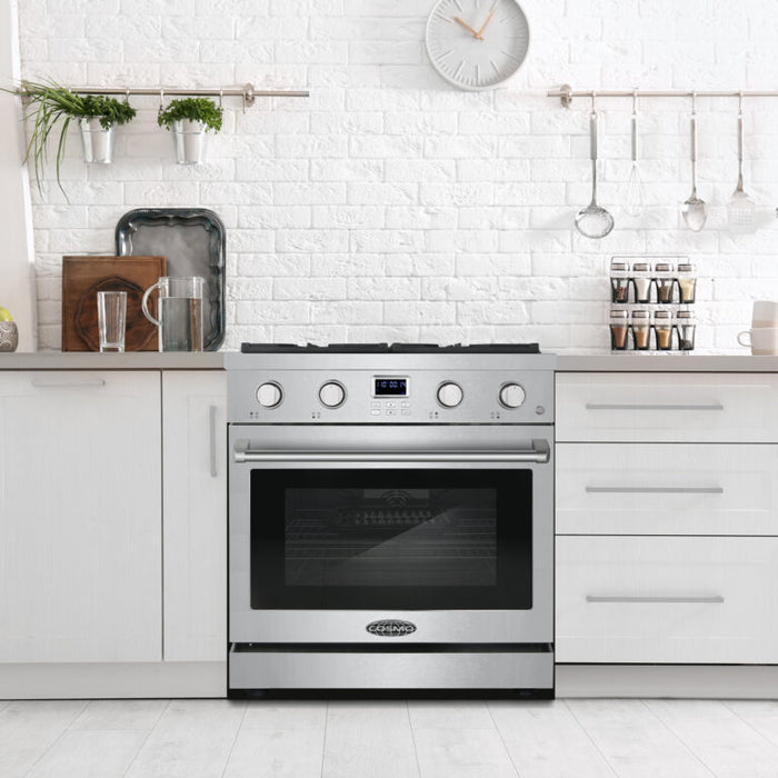 Cosmo 30 Inch Lumin Collection 4.8 Cu. Ft. Gas Stainless Steel Range with 4 Sealed Burners and Convection Oven - COS-GRC304KB Attached
