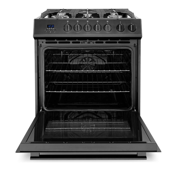Cosmo 30 Inch Nebula Collection 5.0 Cu. Ft. Gas Matte Black Range with 5 Burners, Rapid Convection Oven and Cast Iron Grates - COS-305AGC-BK Open