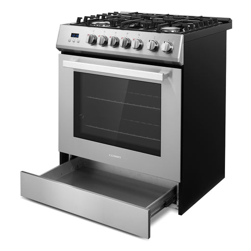 Cosmo 30 Inch Professional Style 5.0 Cu. Ft. Single Oven Gas Stainless Steel Range with 5 Burner Cooktop and Heavy Duty Cast Iron Grates - COS-305AGC Drawer