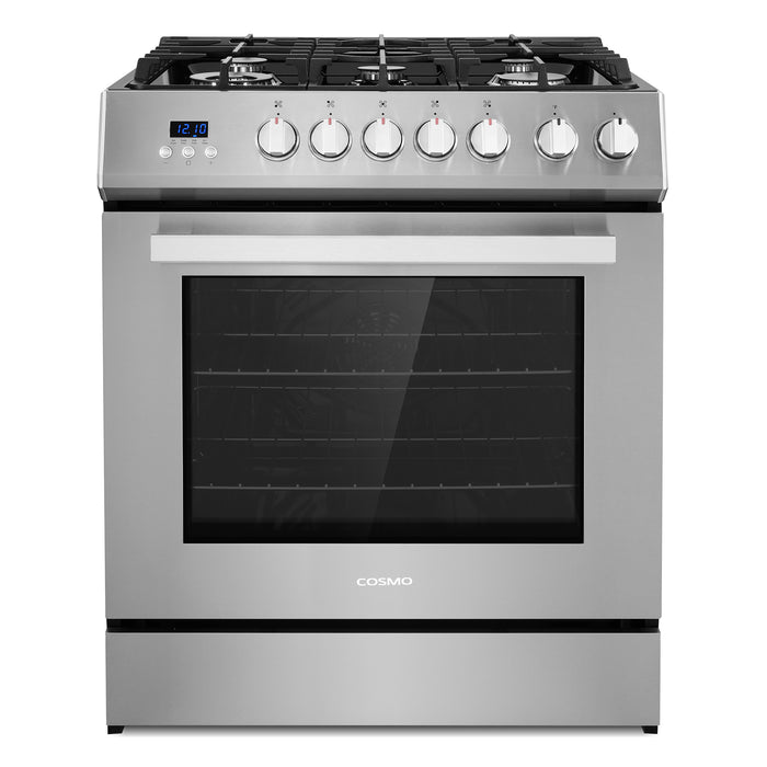Cosmo 30 Inch Professional Style 5.0 Cu. Ft. Single Oven Gas Stainless Steel Range with 5 Burner Cooktop and Heavy Duty Cast Iron Grates - COS-305AGC Front