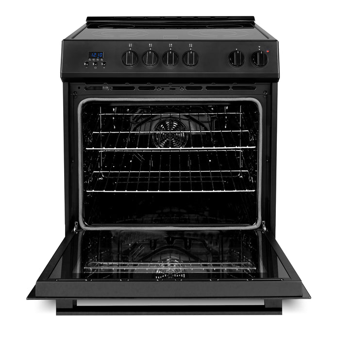 Cosmo 30 Inch Stellar Collection 5.0 Cu. Ft. Electric Matte Black Range with 4 Burner Glass Cooktop and Convection Oven - COS-ERD304K-BK OPen