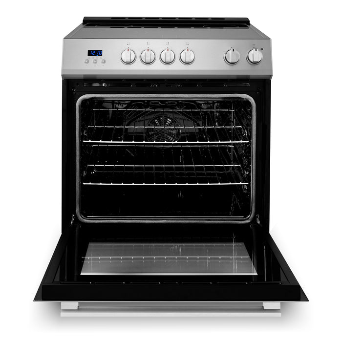 Cosmo 30 Inch Stellar Collection 5.0 Cu. Ft. Electric Stainless Steel Range with 4 Burner Glass Cooktop and Convection Oven - COS-ERD304K Open