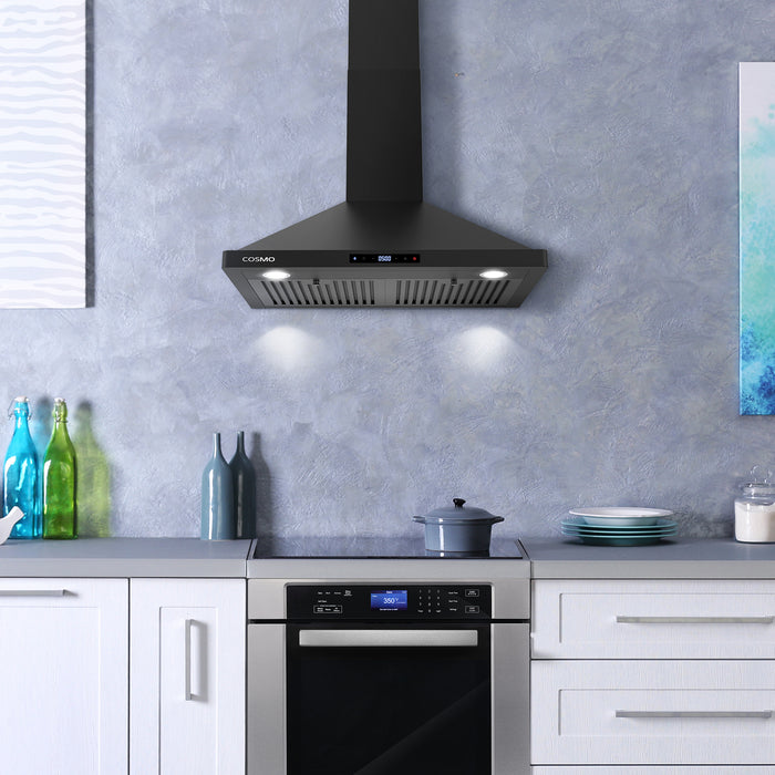 Cosmo 30 Inch Vista Collection 380 CFM Ducted Wall Mount Matte Black Range Hood with Touch Controls and LED Lights - COS-63175S-BK Atatched