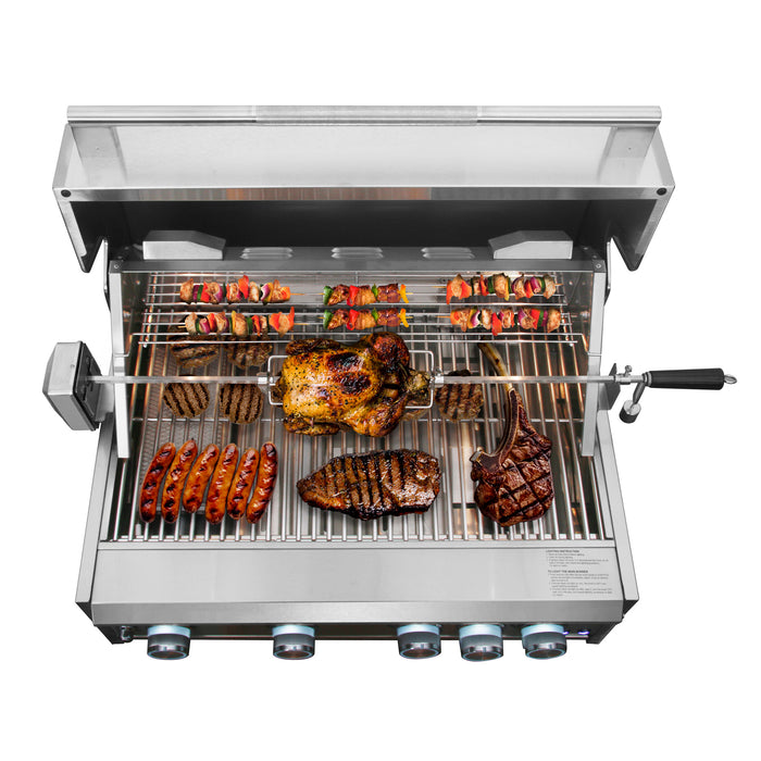 Cosmo 32 Inch Built In Propane Gas Stainless Steel Grill with 5 Burners, Infrared Rotisserie and Knob LED Lighting - COS-BGGN325K Food