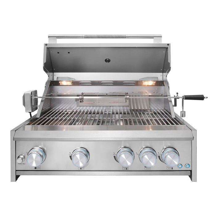 Cosmo 32 Inch Built In Propane Gas Stainless Steel Grill with 5 Burners, Infrared Rotisserie and Knob LED Lighting - COS-BGGN325K Open