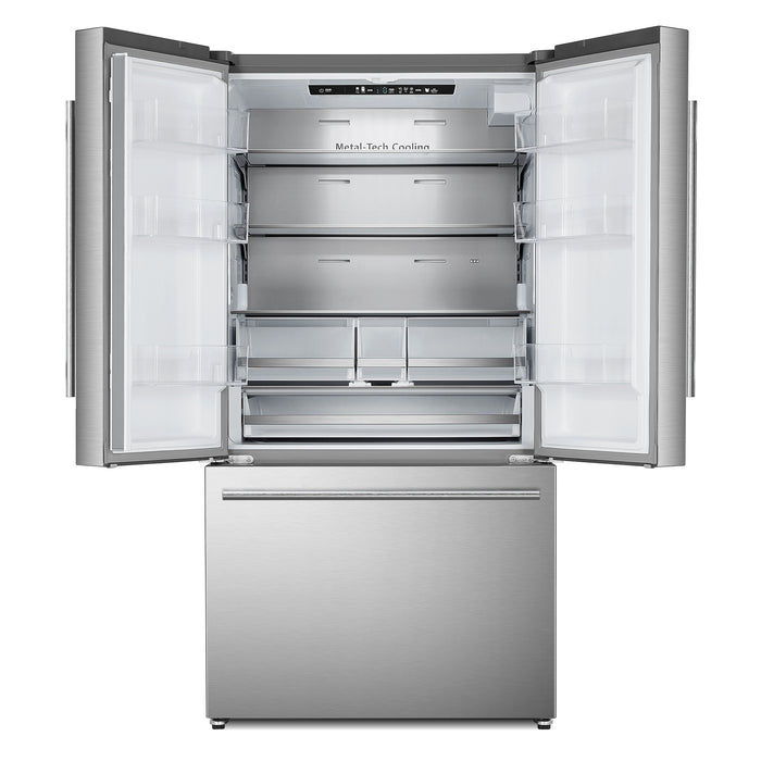 Cosmo 36 Inch 3-Door French Door Stainless Steel Refrigerator with Water Dispenser, Ice Maker, Counter Depth and 22.4 Cu. Ft. Capacity - COS-FDR223GWSS Open