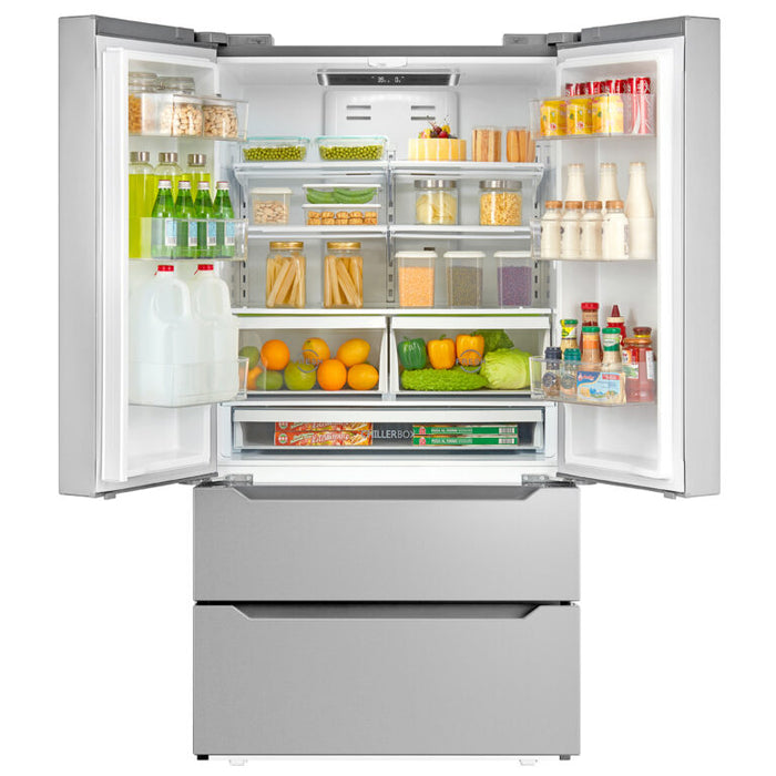 Cosmo 36 Inch 4 Door French Door Built In Refrigerator 22.5 Cu. Ft. with Stainless Steel Recessed Handle and Counter Depth Open