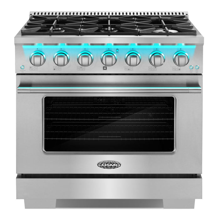 Cosmo 36 Inch Commercial Style 4.5 Cu. Ft. Gas Stainless Steel Range with 6 Italian Burners and Heavy Duty Cast Iron Grates - COS-GRP366 Front