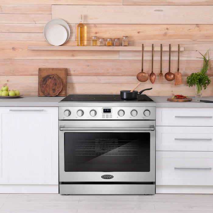 Cosmo 36 Inch Commercial Style 6.0 Cu. Ft. Electric Stainless Steel Range with 5 Burner Glass Cooktop and Convection Oven - COS-ERC365KBD Attached