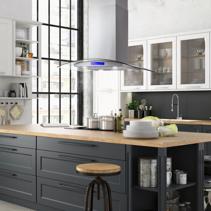 Cosmo 36 Inch Ducted/Ductless Island Stainless Steel Range Hood with 380 CFM, 3 Speeds, Ducted, Permanent Filters, Soft Touch Controls, LED Lights and Curved Glass Hood - COS-668ICS900 Attached
