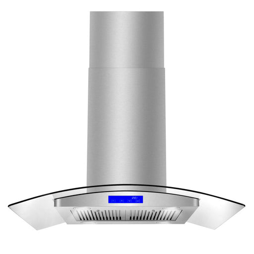Cosmo 36 Inch Ducted/Ductless Island Stainless Steel Range Hood with 380 CFM, 3 Speeds, Ducted, Permanent Filters, Soft Touch Controls, LED Lights and Curved Glass Hood - COS-668ICS900 Front