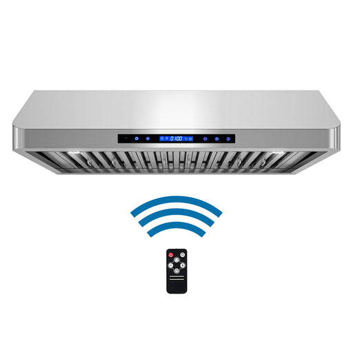 Cosmo 36 Inch Ducted Under Cabinet Stainless Steel Range Hood with Touch Display, LED Lighting and Permanent Filters - COS-QS90 Front