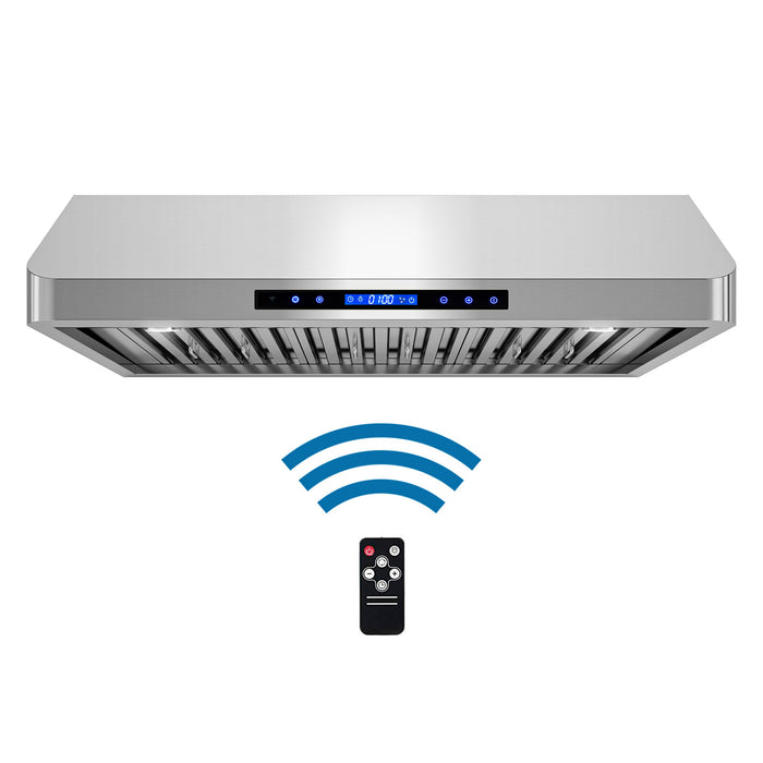 Cosmo 36 Inch Ducted Under Cabinet Stainless Steel Range Hood with Touch Display, LED Lighting and Permanent Filters - COS-QS90 Front