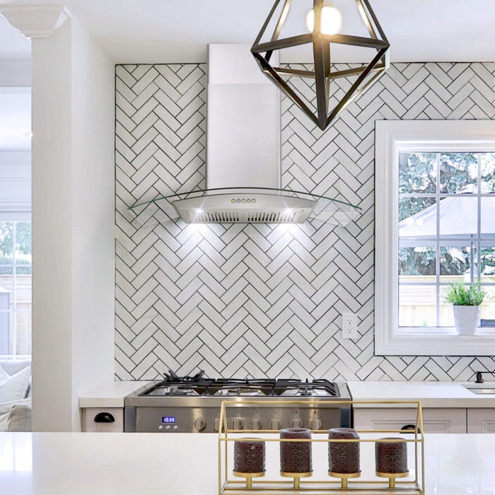 Cosmo 36 Inch Ducted Wall Mount Stainless Steel Range Hood with Push Button Controls, LED Lighting and Permanent Filters - COS-668WRC90 Attached