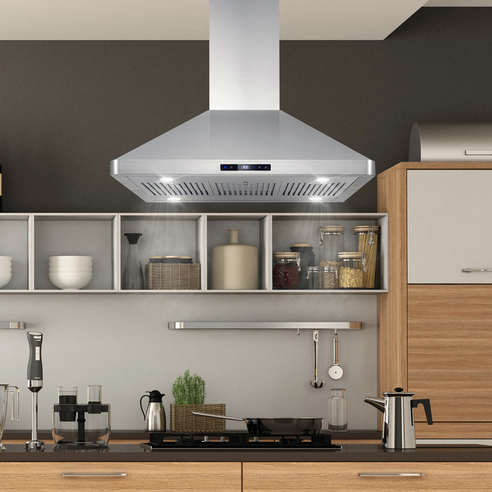 Cosmo 36 Inch Ductless Island Stainless Steel Range Hood with Soft Touch Controls, LED Lights, and Permanent Filters - COS-63ISS90-DL Attached