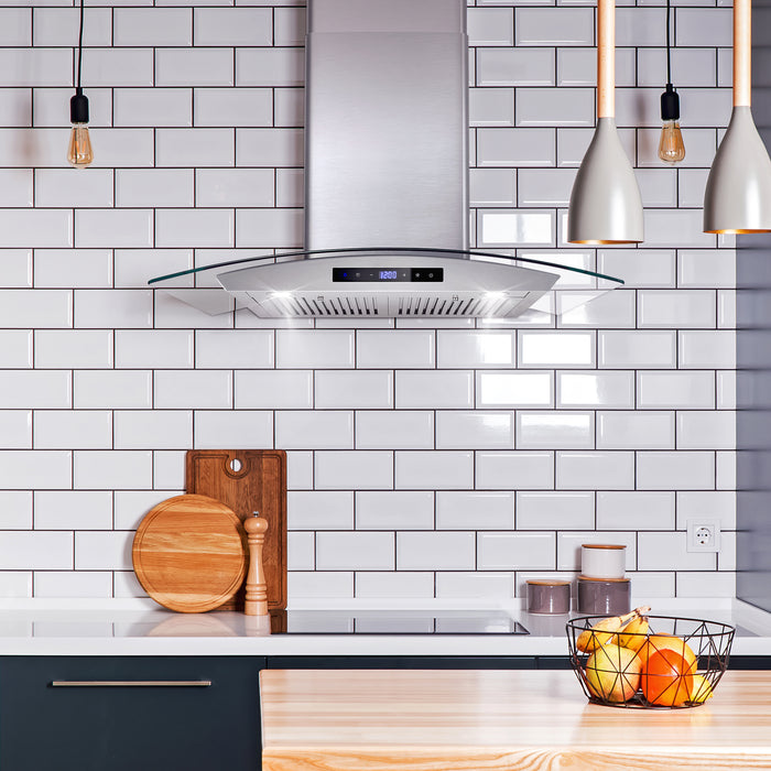 Cosmo 36 Inch Ductless Wall Mount Stainless Steel Range Hood with LED Lighting and Carbon Filter Kit for Recirculating - COS-668AS900-DL Attached
