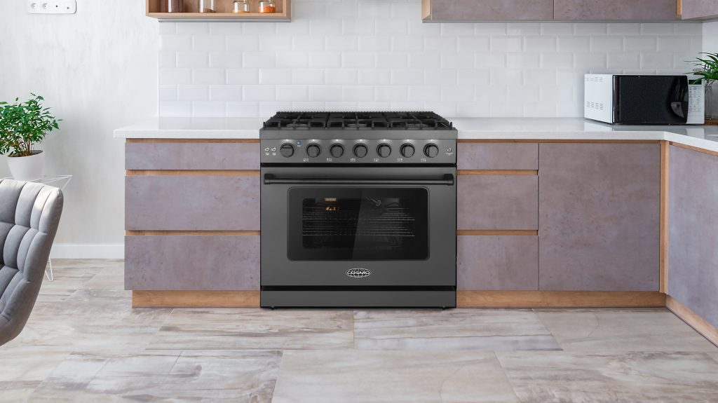Cosmo 36 Inch Haven Collection 6.0 Cu. Ft. Gas Matte Black Range with 6 Burners, Convection Oven, Knob LEDs and Storage Drawer - COS-EPGR366-BK Attached