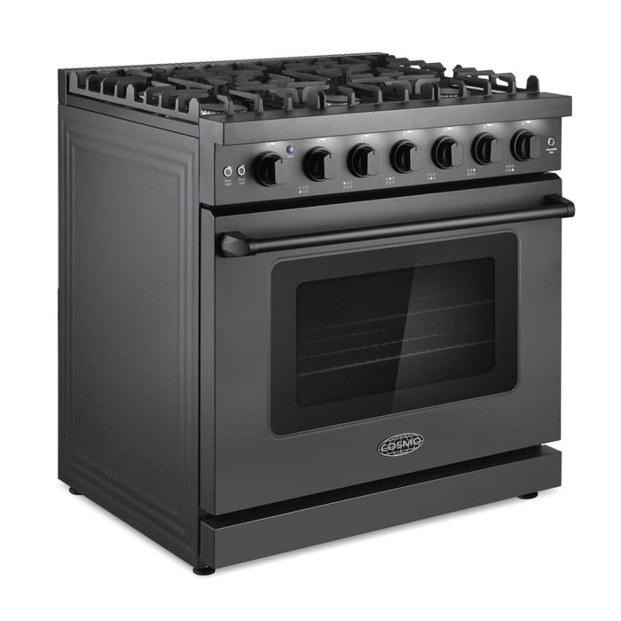 Cosmo 36 Inch Haven Collection 6.0 Cu. Ft. Gas Matte Black Range with 6 Burners, Convection Oven, Knob LEDs and Storage Drawer - COS-EPGR366-BK Left