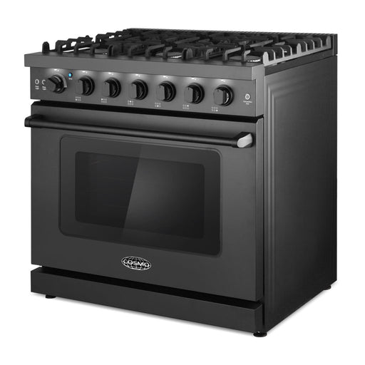 Cosmo 36 Inch Haven Collection 6.0 Cu. Ft. Gas Matte Black Range with 6 Burners, Convection Oven, Knob LEDs and Storage Drawer - COS-EPGR366-BK Right