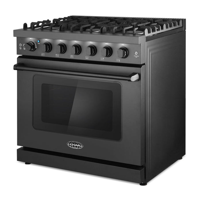 Cosmo 36 Inch Haven Collection 6.0 Cu. Ft. Gas Matte Black Range with 6 Burners, Convection Oven, Knob LEDs and Storage Drawer - COS-EPGR366-BK Right