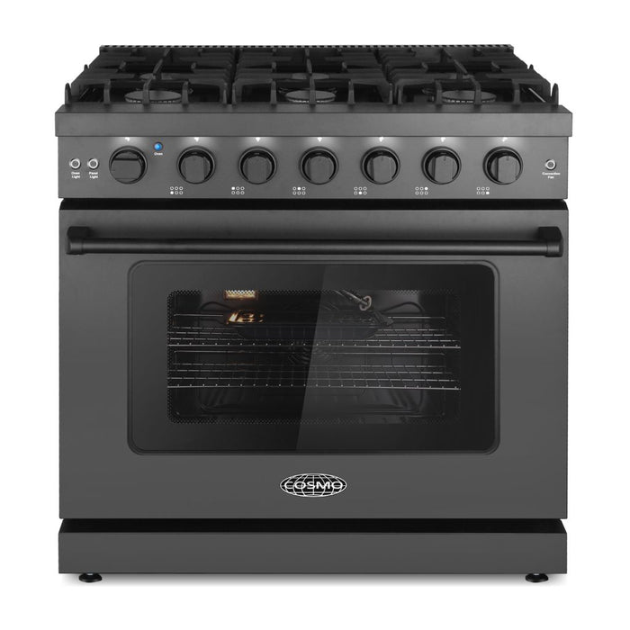 Cosmo 36 Inch Haven Collection 6.0 Cu. Ft. Gas Matte Black Range with 6 Burners, Convection Oven, Knob LEDs and Storage Drawer - COS-EPGR366-BK Main
