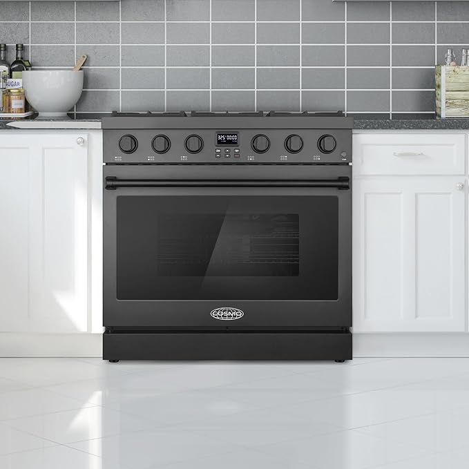Cosmo 36 Inch Lumin Collection 6.0 Cu. Ft. Gas Matte Black Range with 6 Sealed Burners and Convection Oven - COS-GRC366KB-BK Attached