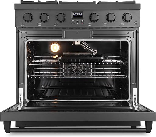Cosmo 36 Inch Lumin Collection 6.0 Cu. Ft. Gas Matte Black Range with 6 Sealed Burners and Convection Oven - COS-GRC366KB-BK Open