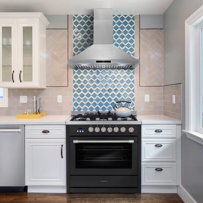 Cosmo 36 Inch Nebula Collection 3.8 Cu. Ft. Gas Matte Black Range with 5 Burners, Rapid Convection Oven and Cast Iron Grates - COS-965AGC-BKS Attached