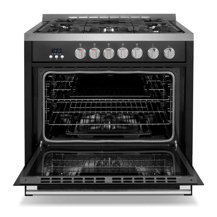 Cosmo 36 Inch Nebula Collection 3.8 Cu. Ft. Gas Matte Black Range with 5 Burners, Rapid Convection Oven and Cast Iron Grates - COS-965AGC-BKS Open