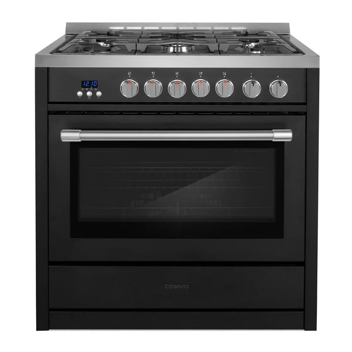 Cosmo 36 Inch Nebula Collection 3.8 Cu. Ft. Gas Matte Black Range with 5 Burners, Rapid Convection Oven and Cast Iron Grates - COS-965AGC-BKS Main