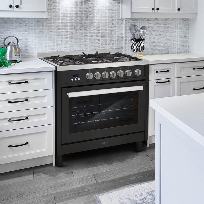 Cosmo 36 Inch Nebula Collection 3.8 Cu. Ft. Gas Matte Black Range with 5 Burners, Rapid Convection Ovena and Cast Iron Grates - COS-965AGFC-BKS Attached