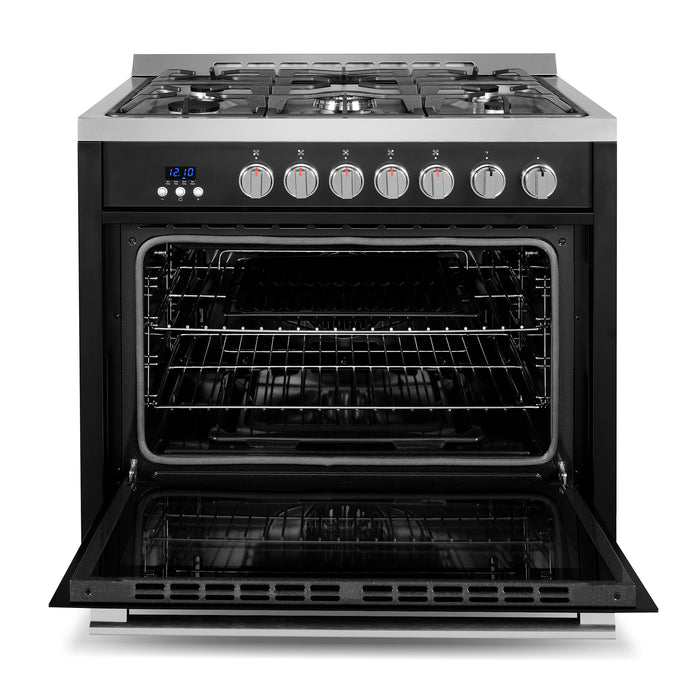 Cosmo 36 Inch Nebula Collection 3.8 Cu. Ft. Gas Matte Black Range with 5 Burners, Rapid Convection Ovena and Cast Iron Grates - COS-965AGFC-BKS Open